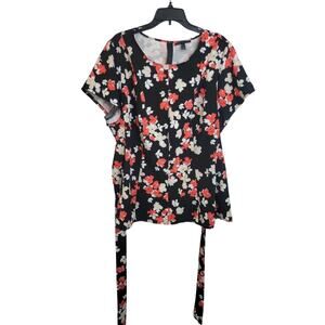 Lane Bryant Black Red Floral Tie Waist Crew Neck Short Sleeve Top Plus Size 24